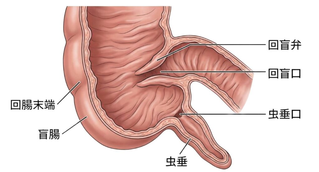 回盲部の断面解剖図。回腸末端、盲腸、回盲弁、回盲口、虫垂口、虫垂の構造が描かれている