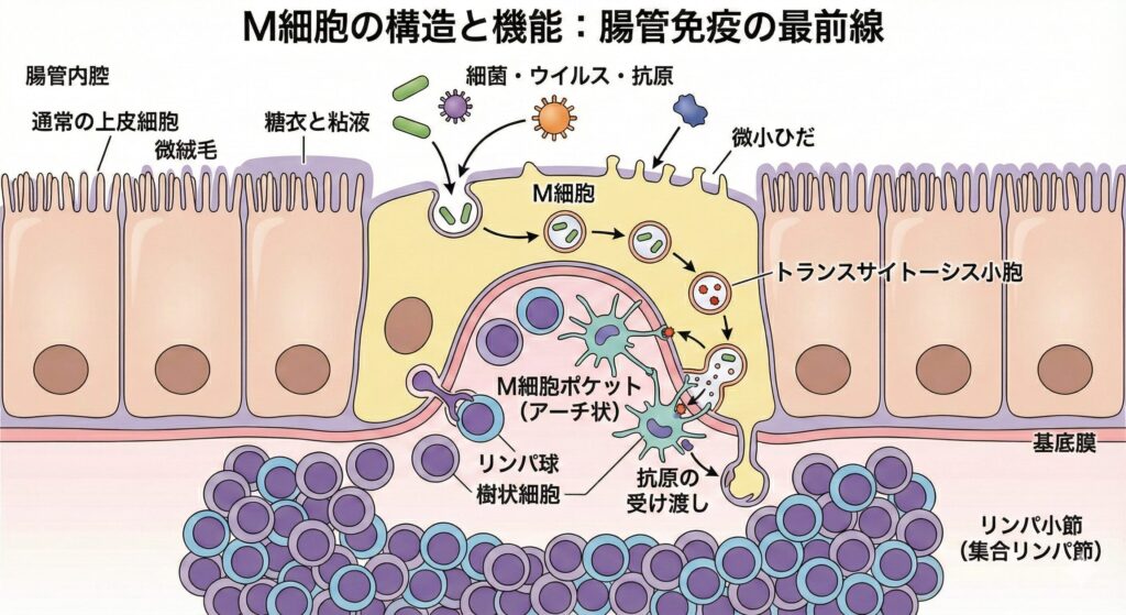 「M細胞の構造と機能：腸管免疫の最前線」を示す模式図。腸管内腔に面した上皮層において、通常の上皮細胞（微絨毛と糖衣・粘液を持つ）の間に、表面に微小ひだしか持たないM細胞が配置されている。M細胞は細菌やウイルスなどの抗原を取り込み、それをトランスサイトーシス小胞に入れて細胞内を輸送する様子が描かれている。M細胞の基底側は深く窪んでアーチ状のポケットを形成しており、その中に入り込んだリンパ球や樹状細胞に対して抗原の受け渡しが行われている。直下にはリンパ小節（集合リンパ節）が存在する。