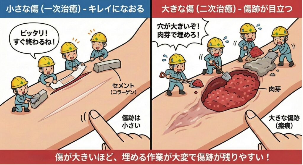 「3. 創傷面が小さいほど瘢痕が形成されやすい。」という誤った認識を正す解説画像。テキストでは、創傷面が広いほど肉芽形成が必要となり、瘢痕(傷跡)形成が目立ちやすいと説明されている。その下のイラストは左右に分かれ、「小さな傷 (一次治癒)」と「大きな傷 (二次治癒)」を比較している。左側の「小さな傷」では、作業員がテープで傷を閉じ「ピッタリ!すぐ終わるね!」と言い、傷跡は小さい。右側の「大きな傷」では、作業員が肉芽で大きな穴を埋めようと奮闘し「穴が大きいぞ!肉芽で埋めろ!」と言っており、傷跡は大きく目立つ。下部には「結論:傷が大きいほど、埋める作業が大変で傷跡が残りやすい!」というまとめがある。
