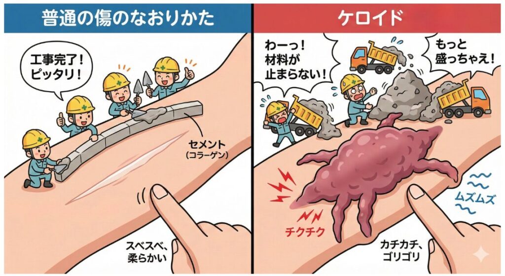「1. ケロイドは柔らかい組織である。」という誤った認識を正す解説画像。テキストでは、ケロイドは過剰な膠原線維沈着により硬く隆起する病的瘢痕であり、かゆみや痛みを伴うことが多いと説明されている。その下のイラストは左右に分かれ、「普通の傷のなおりかた」と「ケロイド」を比較している。左側の「普通の傷のなおりかた」では、作業員がセメント(コラーゲン)で傷を平らにきれいに埋めており、指で触れると「スベスベ、柔らかい」と示されている。右側の「ケロイド」では、作業員が大量のセメントをダンプカーで流し込んでおり、傷跡が赤く大きく盛り上がり、元の範囲を超えて広がっている。指で触れると「カチカチ、ゴリゴリ」と硬く、周囲には「チクチク」「ムズムズ」という痛みやかゆみを示す表現がある。