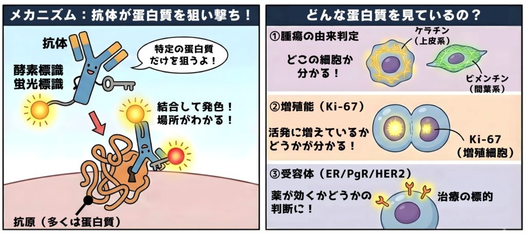 「IHCの主役は『蛋白質』!鍵と鍵穴の仕組み」と題された、免疫組織化学(IHC)のメカニズムと臨床応用を解説するイラスト。 左側のパネルは「メカニズム:抗体が蛋白質を狙い撃ち!」と題され、Y字型の「抗体」キャラクターが「特定の蛋白質だけを狙うよ!」と言いながら、鍵穴のある「抗原(多くは蛋白質)」に鍵を差し込もうとしている。抗体の尾部には「酵素標識/蛍光標識」が付いており、抗原に結合すると「結合して発色(or発光)!場所がわかる!」と示され、標識が赤く光っている。 右側のパネルは「どんな蛋白質を見ているの?(臨床応用)」と題され、3つの例が示されている。 ①「腫瘍の由来判定」では、上皮系のサイトケラチンと間葉系のビメンチンを検出する細胞が描かれ、「どこの細胞か分かる!」と説明されている。 ②「増殖能(Ki-67)」では、分裂中の細胞の核がKi-67で光っており、「活発に増えているかどうか分かる!」と説明されている。 ③「受容体(ER/PgR/HER2)」では、細胞表面や核の受容体が光っており、「薬が効くかどうかの判断に!」と説明されている。