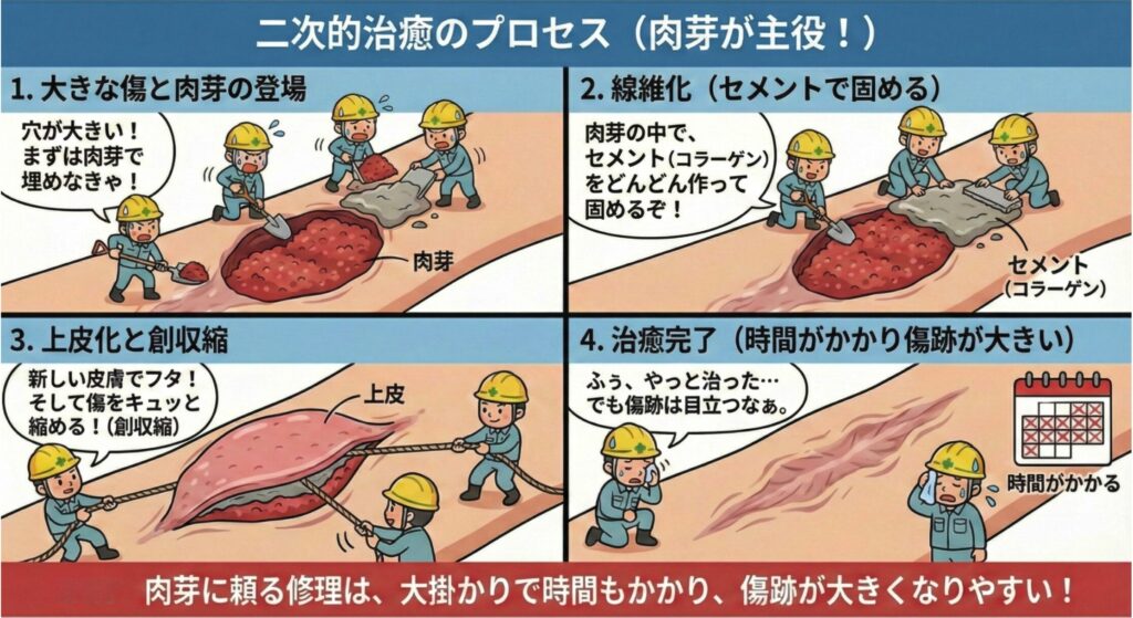 「二次的治癒のプロセス(肉芽が主役!)」と題された4コマ漫画形式の解説イラスト。 左上のコマ1「1. 大きな傷と肉芽の登場」では、腕に大きな穴(傷)があり、ヘルメットをかぶった作業員たちがスコップで赤い粒状の「肉芽」を穴に運び込み、「穴が大きい!まずは肉芽で埋めなきゃ!」と言っている。 右上のコマ2「2. 線維化(セメントで固める)」では、穴が肉芽で埋まり、作業員が「肉芽組織の中で線維芽細胞がコラーゲンを増やし、瘢痕へ成熟するぞ!」と言いながら、灰色の「セメント(コラーゲン)」を塗っている。 左下のコマ3「3. 上皮化と創収縮」では、傷の表面をピンク色の「上皮」が覆い始めており、作業員がロープで傷口を引っ張り、「新しい皮膚でフタ!そして傷をキュッと縮める!(創収縮)」と言っている。 右下のコマ4「4. 治癒完了(時間がかかり傷跡が大きい)」では、傷は塞がっているが、周囲とは異なる目立つ「大きな傷跡」が残っており、作業員が汗を拭きながら「ふぅ、やっと治った…でも傷跡は目立つなぁ。」と言っている。横には×印がたくさんついたカレンダーがあり「時間がかかる」と示されている。 最下部には「結論:肉芽に頼る修理は、大掛かりで時間もかかり、傷跡が大きくなりやすい!」という帯がある。
