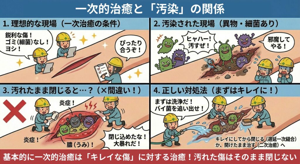 「一次的治癒と『汚染』の関係(キレイな現場が条件!)」と題された4コマ漫画形式の解説イラスト。左上のコマ1「1.理想的な現場(一次治癒の条件)」では、鋭利な切り傷があり、作業員が「鋭利な傷!ゴミ(細菌)なし!ヨシ!」と確認し、傷口が「ぴったり合うぞ!」と喜んでいる。右上のコマ2「2.汚染された現場(異物・細菌あり)」では、傷口に石や泥(異物)と、悪そうな細菌キャラクターがおり、「ヒャッハー!汚すぜ!」「邪魔してやる!」と騒いでいる。作業員は困った顔をしている。左下のコマ3「3.汚れたまま閉じると…・・?(間違い!)」では、汚れた傷をテープで閉じてしまっており、内部で細菌が「閉じ込めたな!大暴れだ!」と増殖し、傷が赤く腫れて「炎症!」「膿(うみ)!」が発生している。大きな印が付いている。右下のコマチ「4.正しい対処法(まずはキレイに!)」では、作業員がホースの水とブラシで傷を洗浄し、「まずは洗浄だ!バイ菌を追い出せ!」と言っている。下部に「キレイにしてから閉じる(遅延一次縫合)
か、開けたまま治す(二次治癒)へ」と書かれている。最下部には「基本的に一次的治癒は『キレイな傷」に対する治癒!汚れた傷はそのまま閉じない」という結論の帯がある。