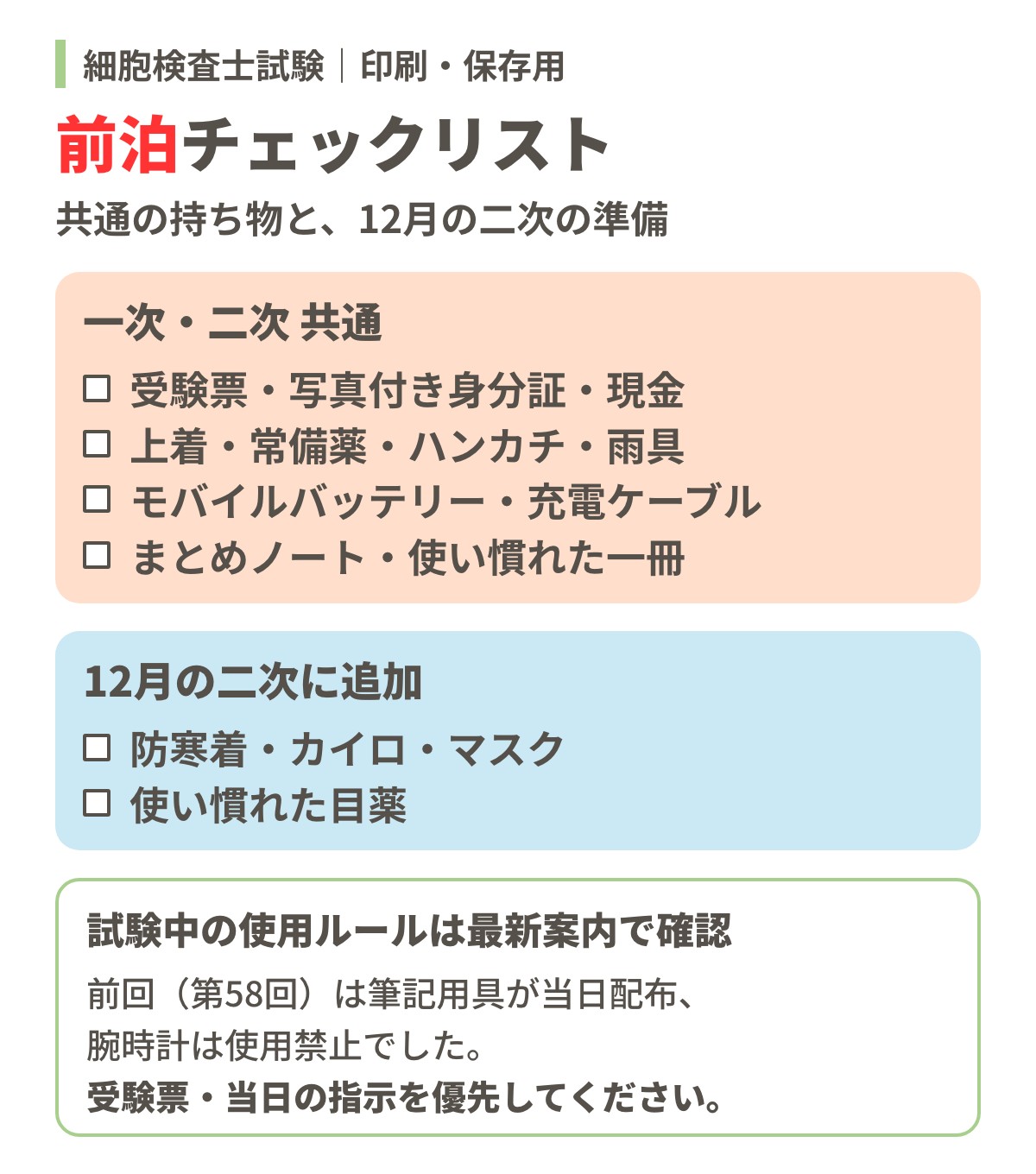 細胞検査士試験の前泊チェックリスト（一次・二次共通の持ち物と、12月の二次に追加するもの）